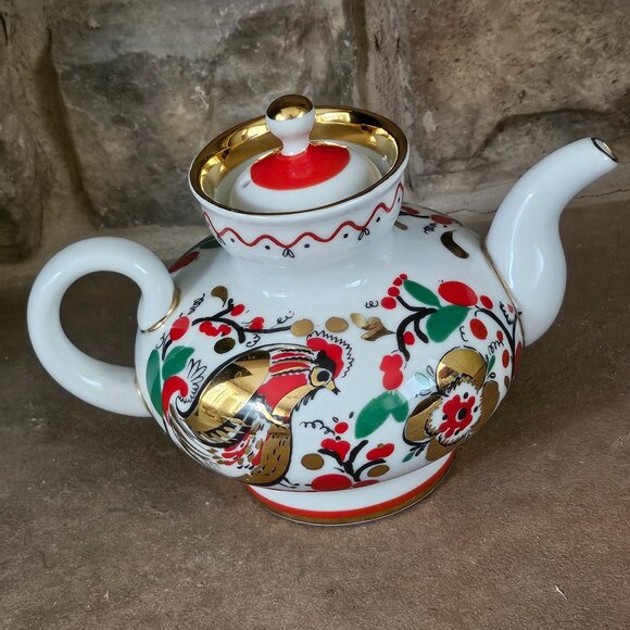 Lomonosov Imperial Porcelain Teapot Red Roosters 1 Cups 300 Ml 10.1 Oz - Picture 1 of 11